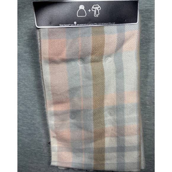 Vince Camuto Womens Pink Cable Knit Beanie and Plaid Scarf Set Faux Fur Pom - Picture 4 of 5